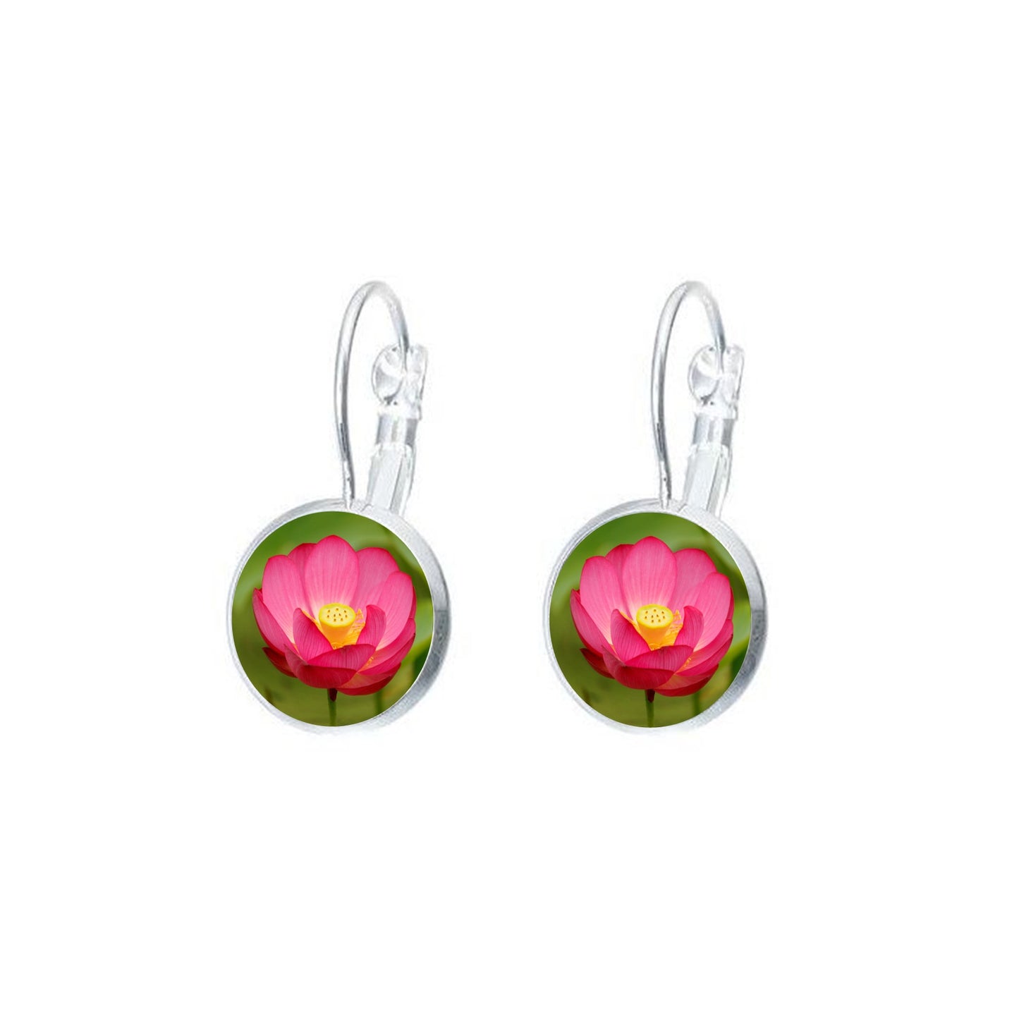 Boucles d'oreilles dormeuses argentées cabochon 12 mm photo fleur lotus rose