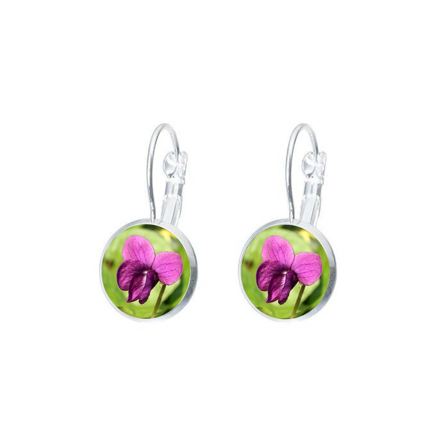 Boucles d'oreilles dormeuses argentées cabochon 12 mm photo fleur violette