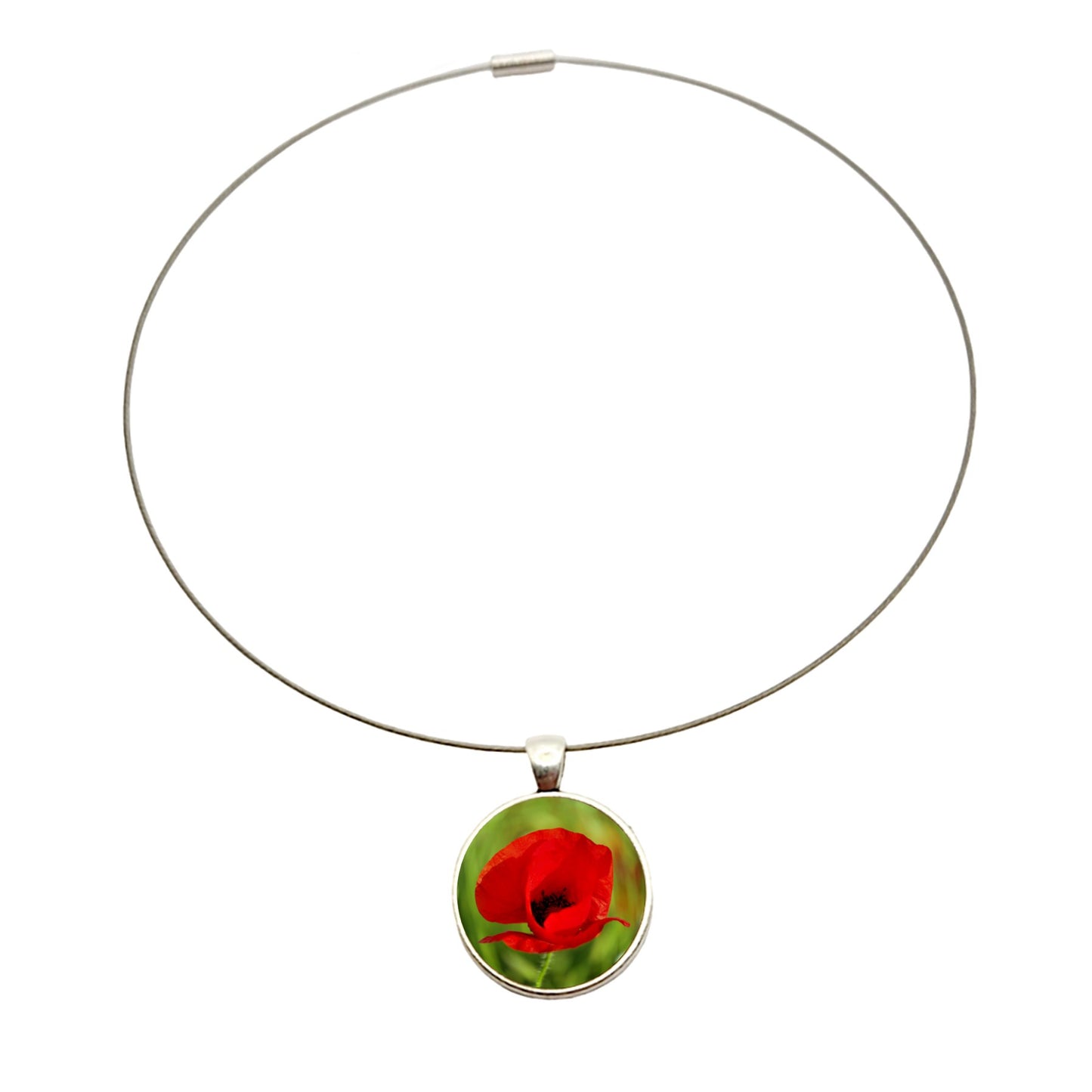 Collier argenté pendentif cabochon photo fleur coquelicot