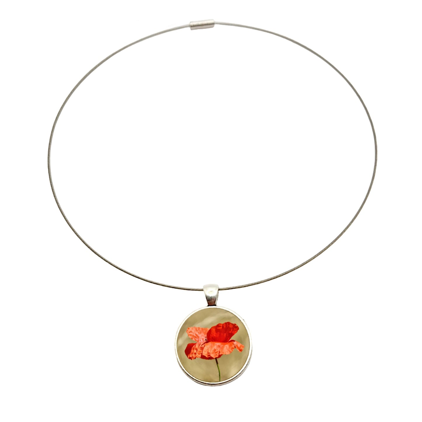 Collier argenté pendentif cabochon photo fleur coquelicot 2