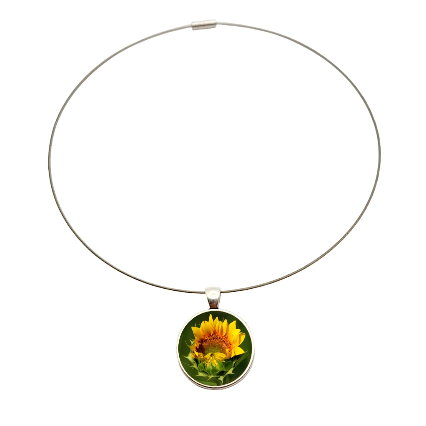 Collier argenté pendentif cabochon photo fleur tournesol