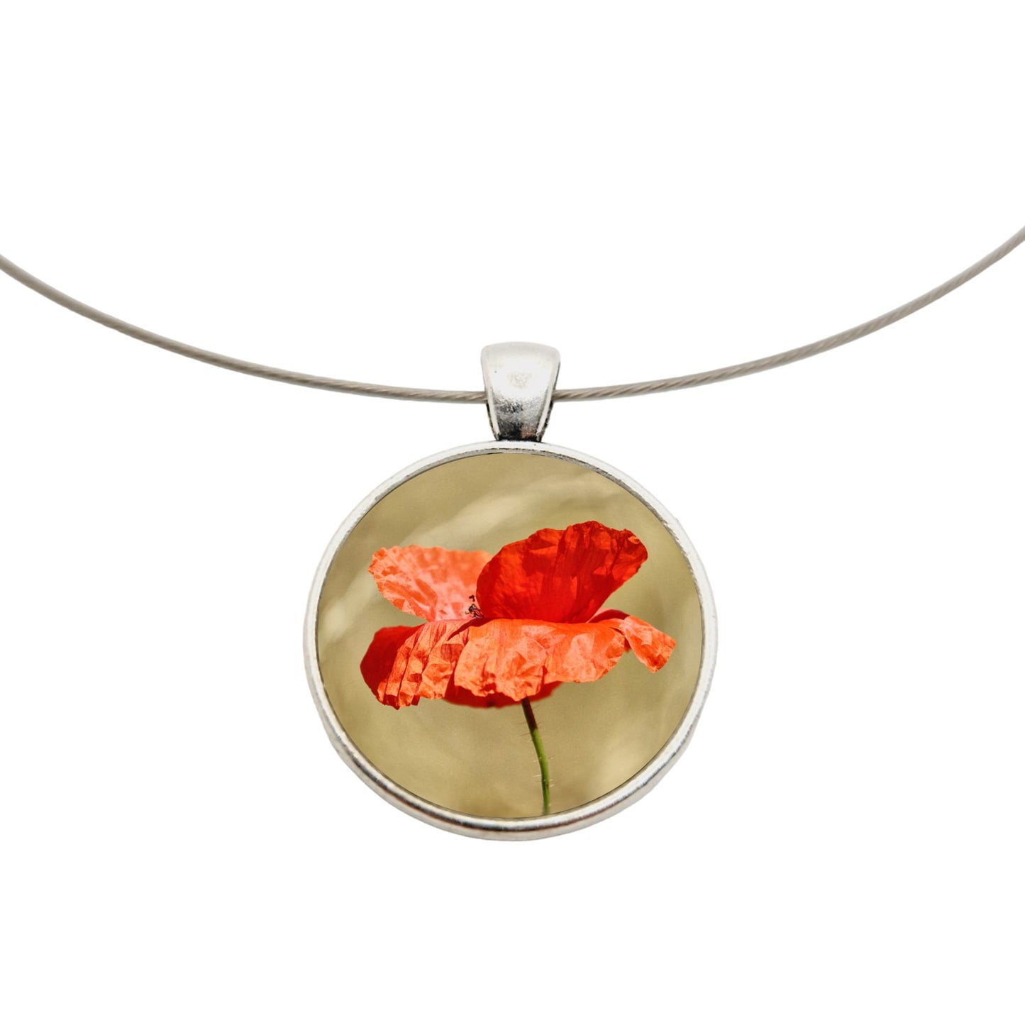 Collier argenté pendentif cabochon photo fleur coquelicot 2