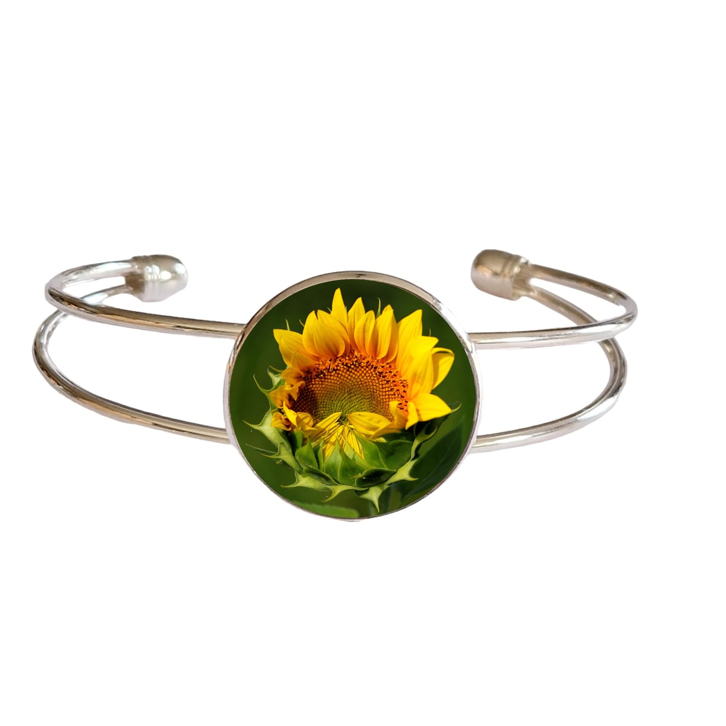 Bracelet argenté cabochon photo fleur tournesol