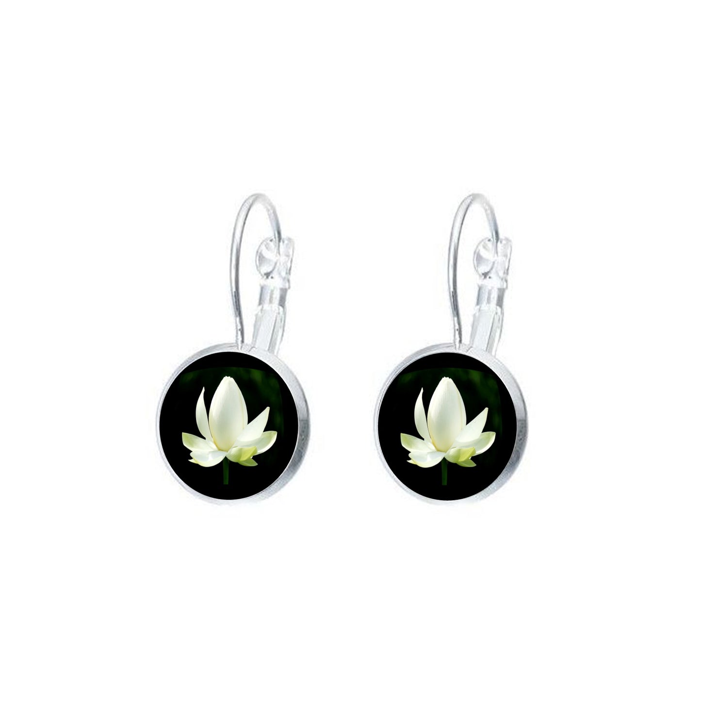 Boucles d'oreilles dormeuses argentées cabochon 12 mm photo fleur lotus blanc
