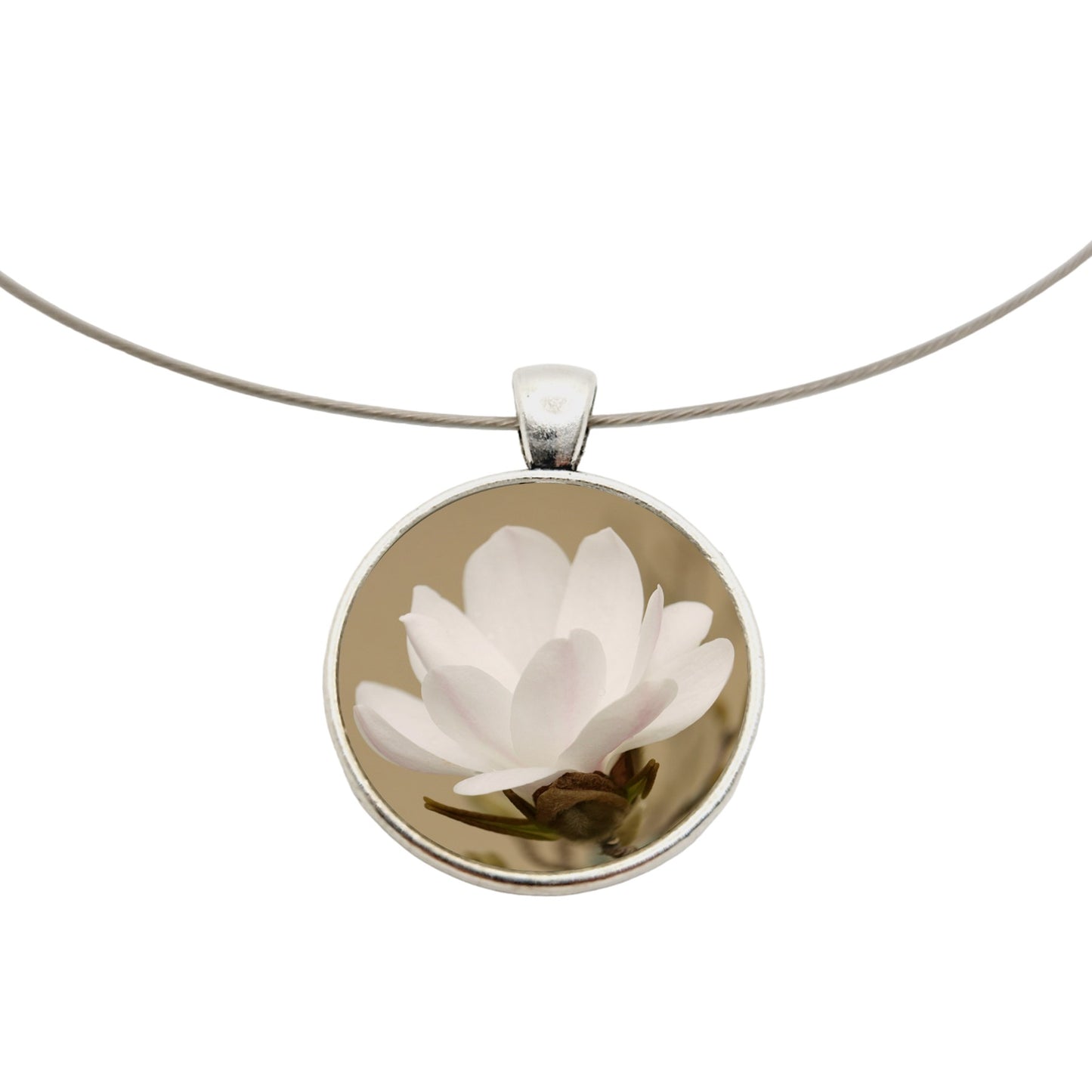 Collier argenté pendentif cabochon photo fleur magnolia