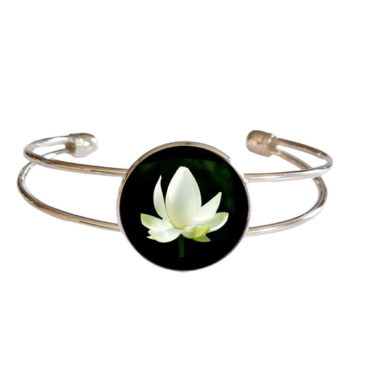 Bracelet argenté cabochon photo fleur lotus blanc