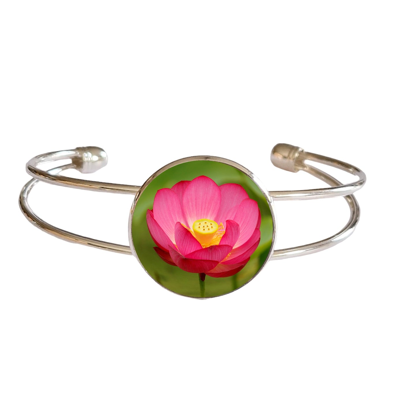 Bracelet argenté cabochon photo fleur lotus rose