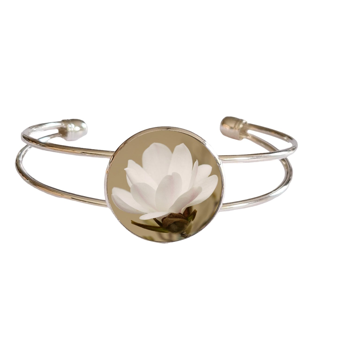Bracelet argenté cabochon photo fleur magnolia blanc
